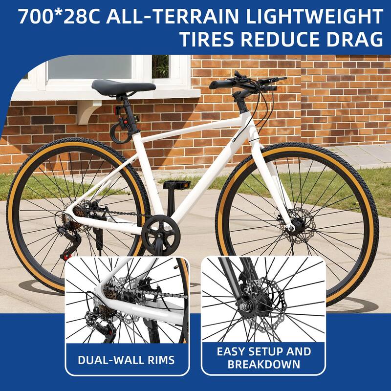 28" Road Bike Black 7 Speed Commuter Bike Lightweight Aluminum Frame Racing Bike with Disc Brake System