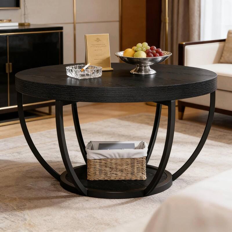 Round 2-Tier Wood Coffee Table with Metal Base for Living Room
