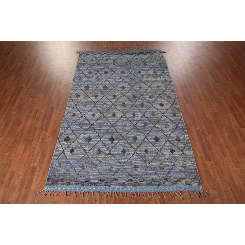 Blue Trellis Moroccan Area Rug Handmade Wool Carpet - 6'0"x 9'8"