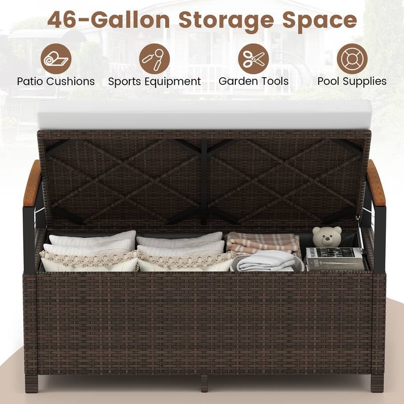 Gymax Outdoor Storage Bench w/Cushion Backrest & Acacia Wood Armrests