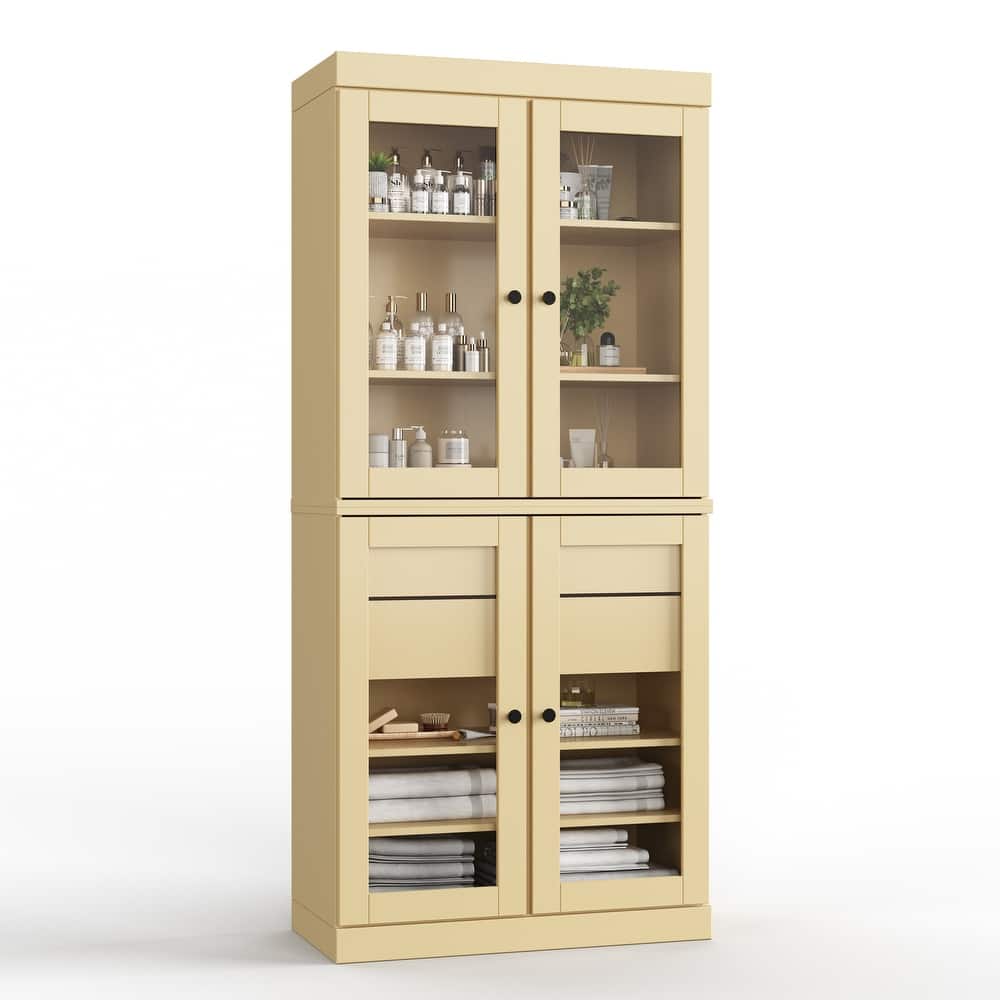 Palace Imports 100% Solid Wood Bathroom Storage Cabinet, Clear Glass Doors, 2 Drawers, Adjustable Shelves, 32" Wide, 71.5" Tall