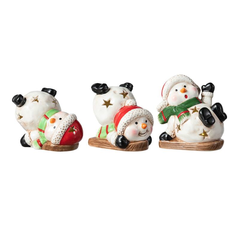 Glitzhome Set of 3 Lighted Ceramic Snowman Figurine Table Decor
