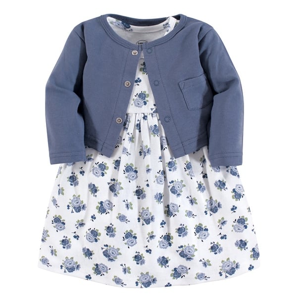 slide 1 of 1, Luvable Friends Baby and Baby Girl Dress and Cardigan 2pc Set, Blue Floral 0-3 Months - Blue Floral