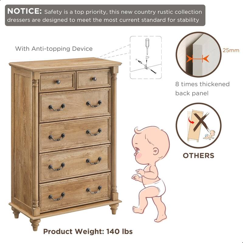 Farmhouse 6 Drawers Dresser Chests, Rustic Wood Chest of Drawers