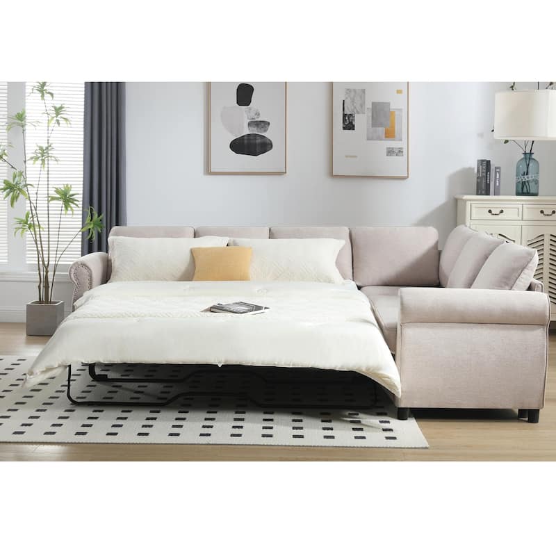 81.5" Convertible Sleeper Couch with Pull Out Bed,3 Seater Sofa Bed - Beige+6 Seat