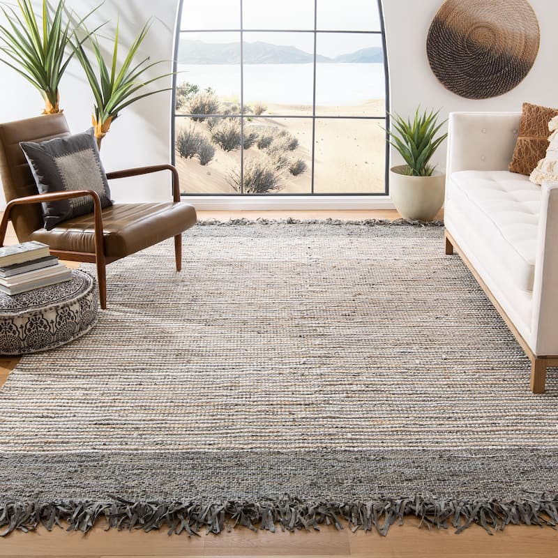 SAFAVIEH Handmade Vintage Boho Leather Lia Modern Stripe Leather - 6' x 9' - Grey/Multi - Rectangle