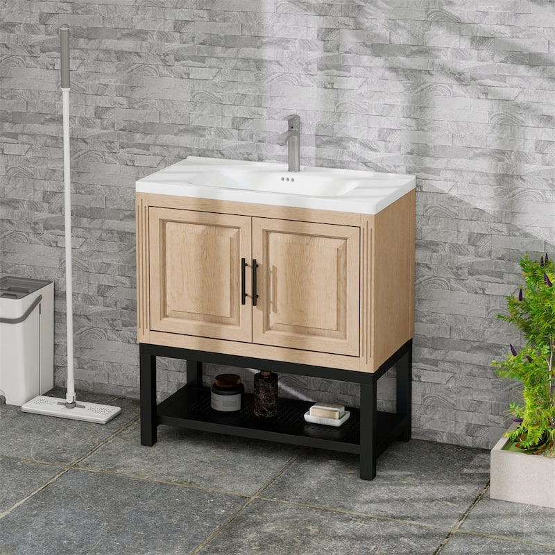 32" Bathroom Vanity with White Ceramic Sink & Hot and Cold Faucet - Natural