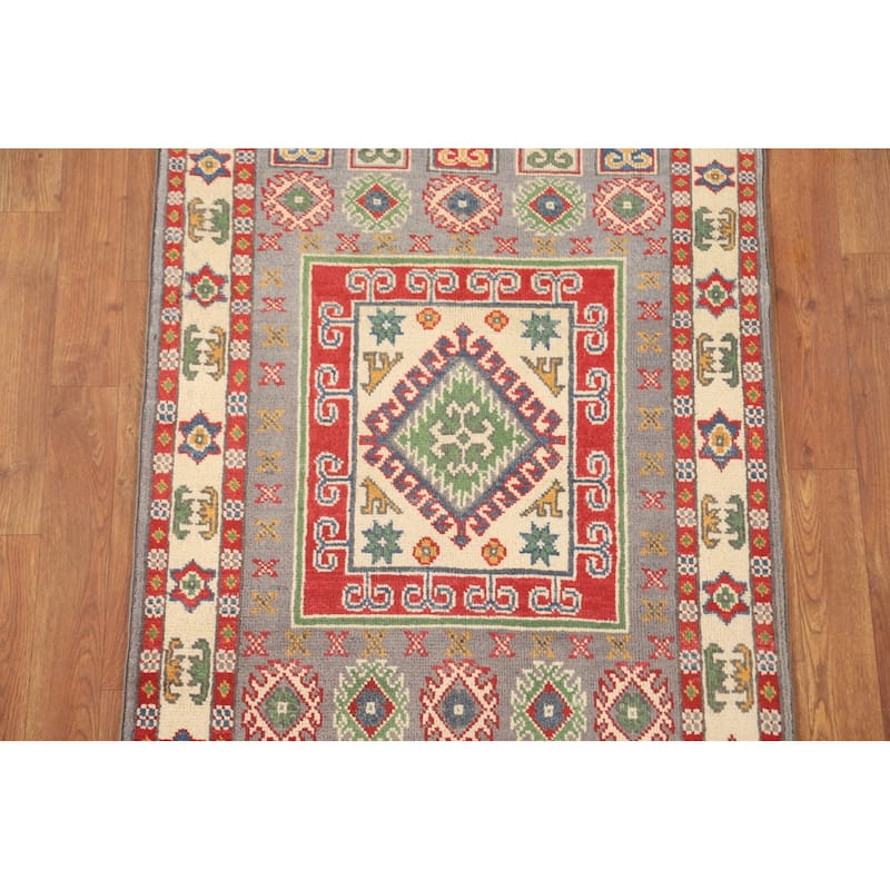 Geometric Grey Kazak Foyer Rug Handmade Wool Carpet - 2'7" x 4'2"