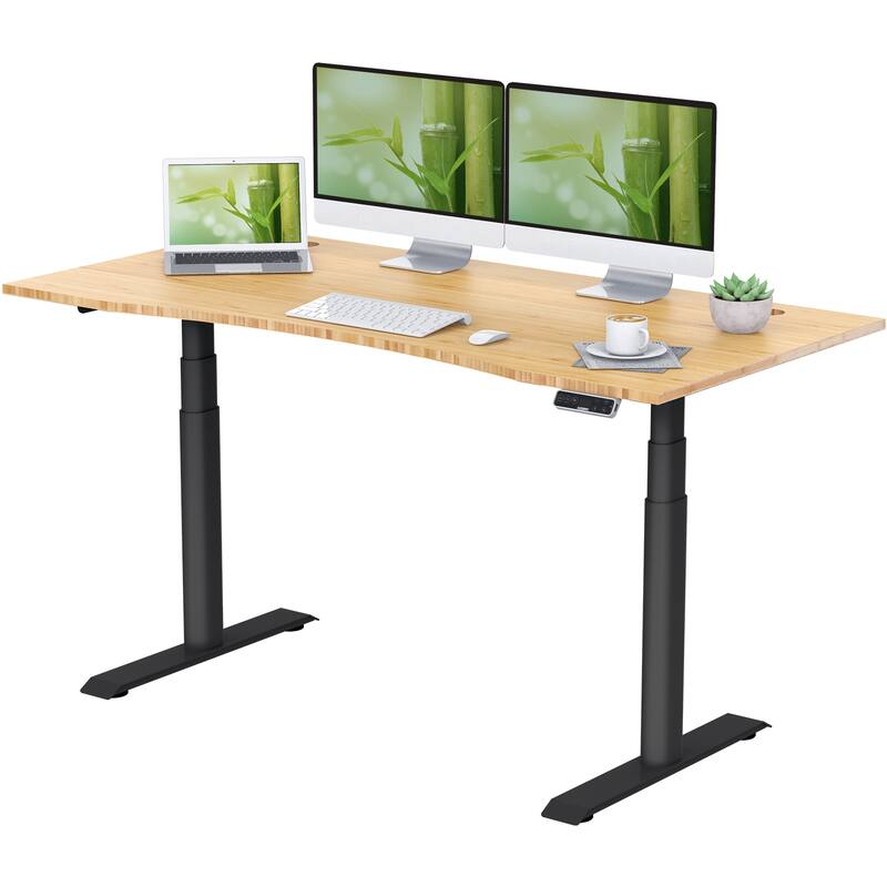 FLEXISPOT Electric Height Adjustable Standing Desk 3-Stage Dual Motor With Curved Bamboo Desktop - 60×30 - Black