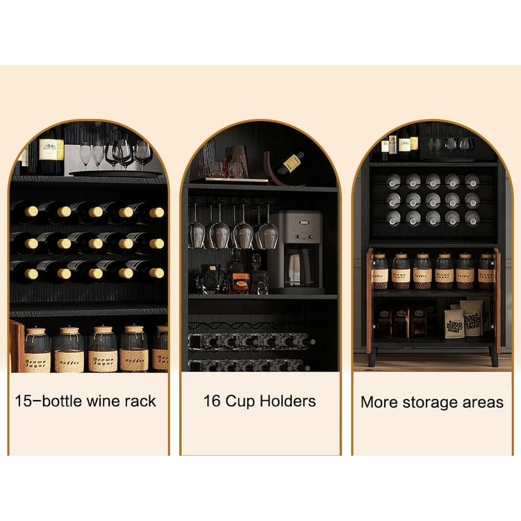 71"Farmhouse Arched Wine Bar Cabinet, Arch Cabinets &Coffee Bar, Whiskey Station With Wine Rack And Wine Glass Holder