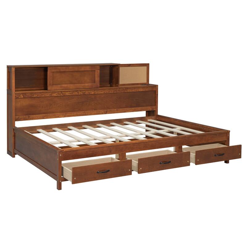 Full Size Wooden Daybed with Storage Drawers, USB Ports, and Shelf in Walnut