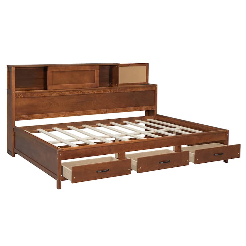 Roomfitters Full Size Wooden Daybed with Storage, USB Ports, Shelf and Soft Backrest Panel, Functional Frame