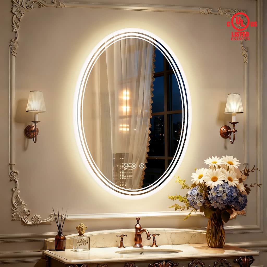 UL Certified Oval LED Bathroom wall Mirror, Anti-fog, 3-Color Dimmable