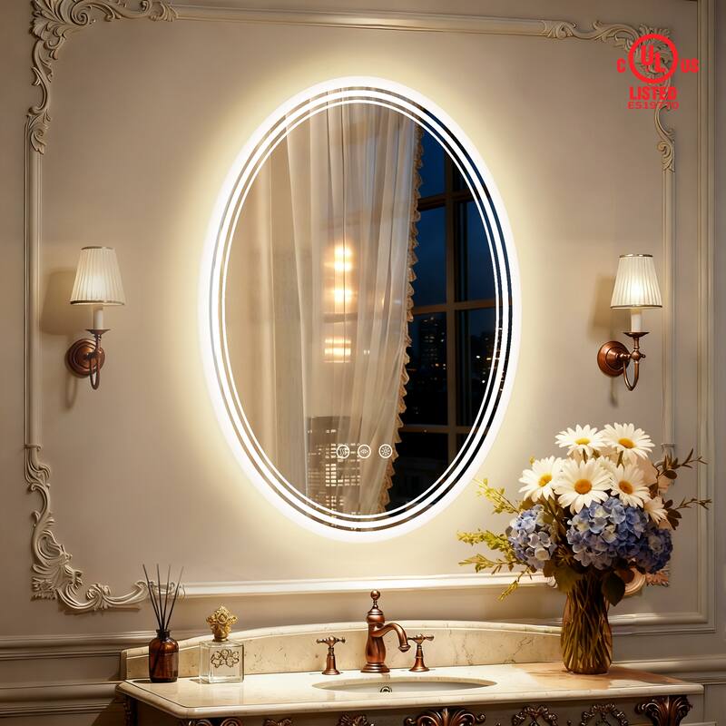 UL Certified Oval LED Bathroom wall Mirror, Anti-fog, 3-Color Dimmable - 20x28