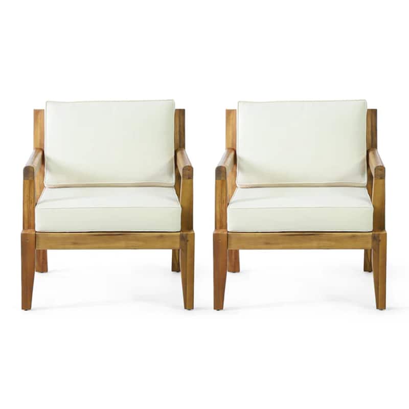 Roomfitters Set of 2 Outdoor Acacia Wood Patio Club Chairs with Waterproof Cushions for Porch or Garden, Teak Beige