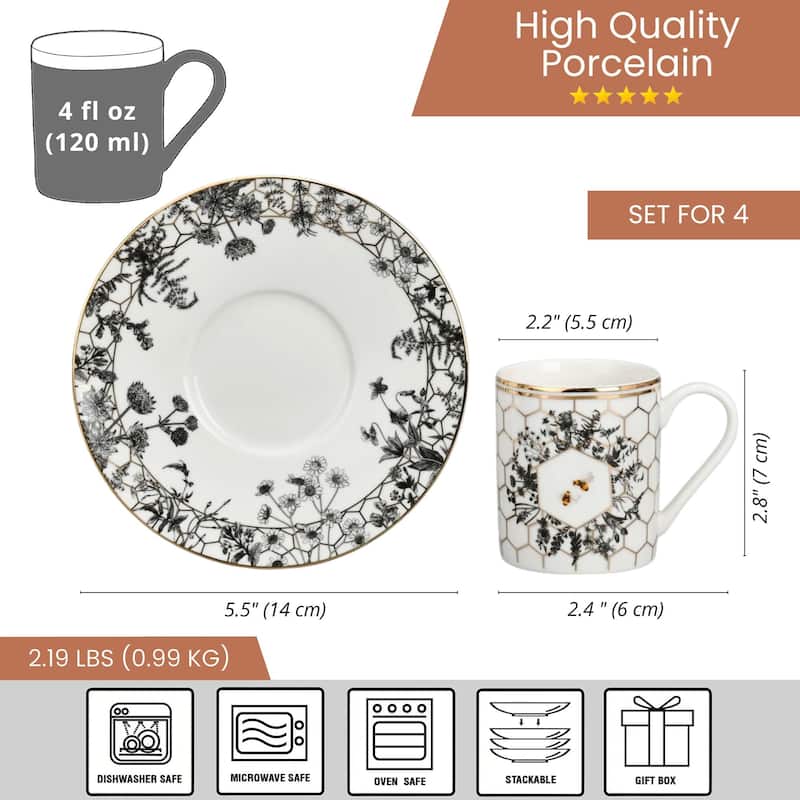 STP Goods Honeycomb Porcelain Turkish Coffee Espresso Cup & Saucer Set for 4