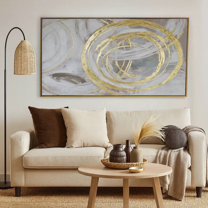 51 x 81 Framed Canvas Oil Painting, Abstract, Natural Fiber, Gray, Gold