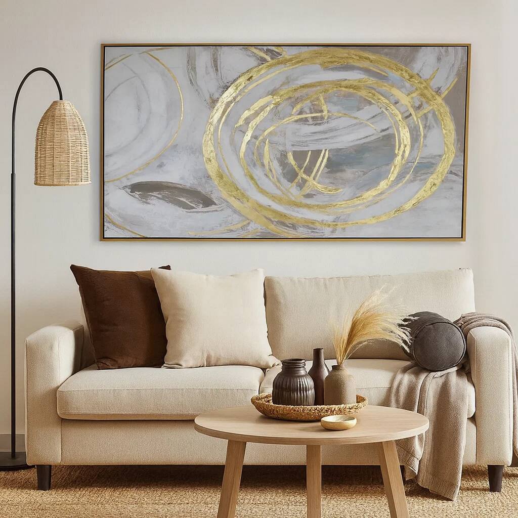 51 x 81 Framed Canvas Oil Painting, Abstract, Natural Fiber, Gray, Gold