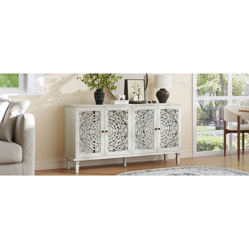 TV Stand Sideboard, Buffet Cabinet with Floral Carvings, Wood Storage Cabinet with Adjustable Shelves