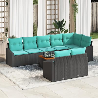 vidaXL 9 Piece Garden Sofa Set with Cushions Black Poly Rattan Acacia - 113.6×48.6×27.2