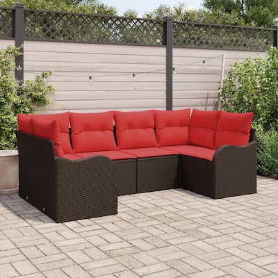 vidaXL 6 Garden Sofa Set with Cushions Black/Brown/Grey Poly Rattan - 92.1 x 48.2 x 27.2