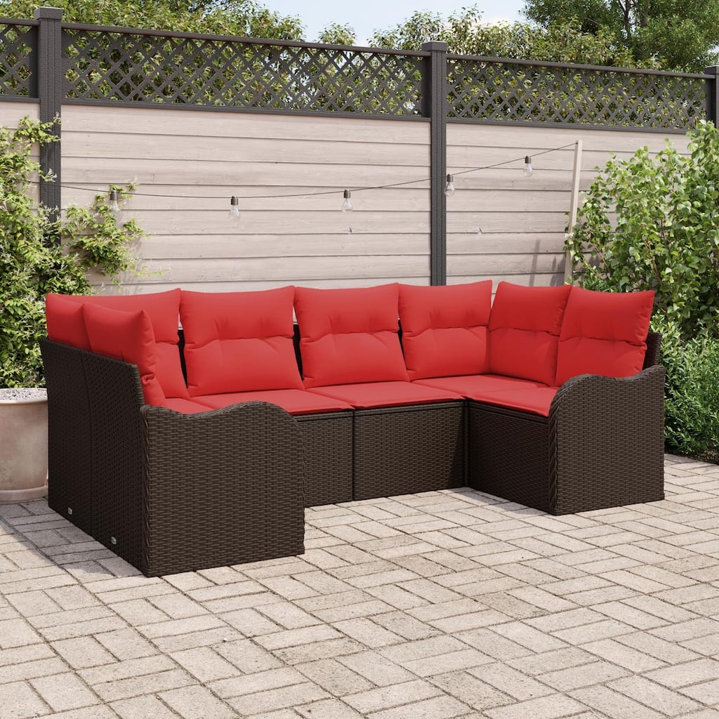 vidaXL 6 Garden Sofa Set with Cushions Black/Brown/Grey Poly Rattan - 92.1 x 48.2 x 27.2