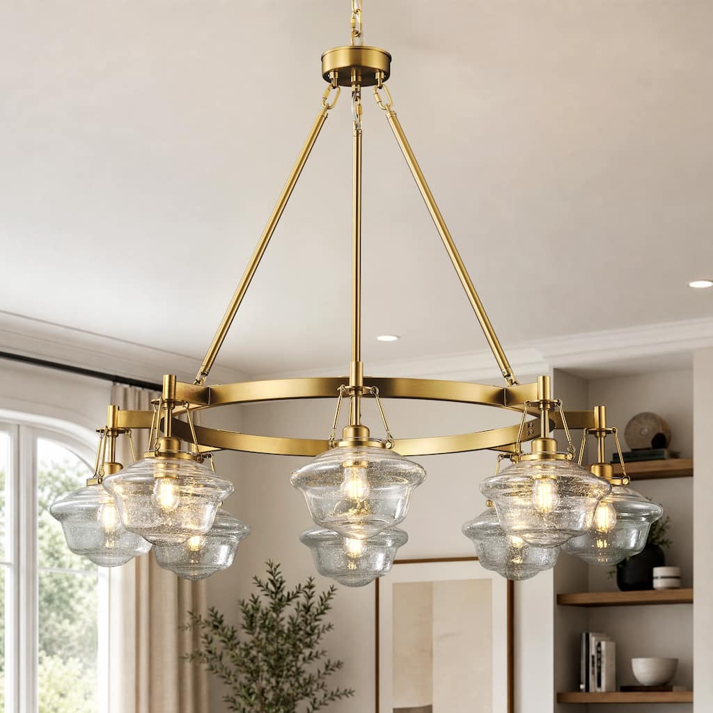 KAYLA Vintage Wagon Wheel Chandelier 8 Light Brass Round Farmhouse Ceiling Light