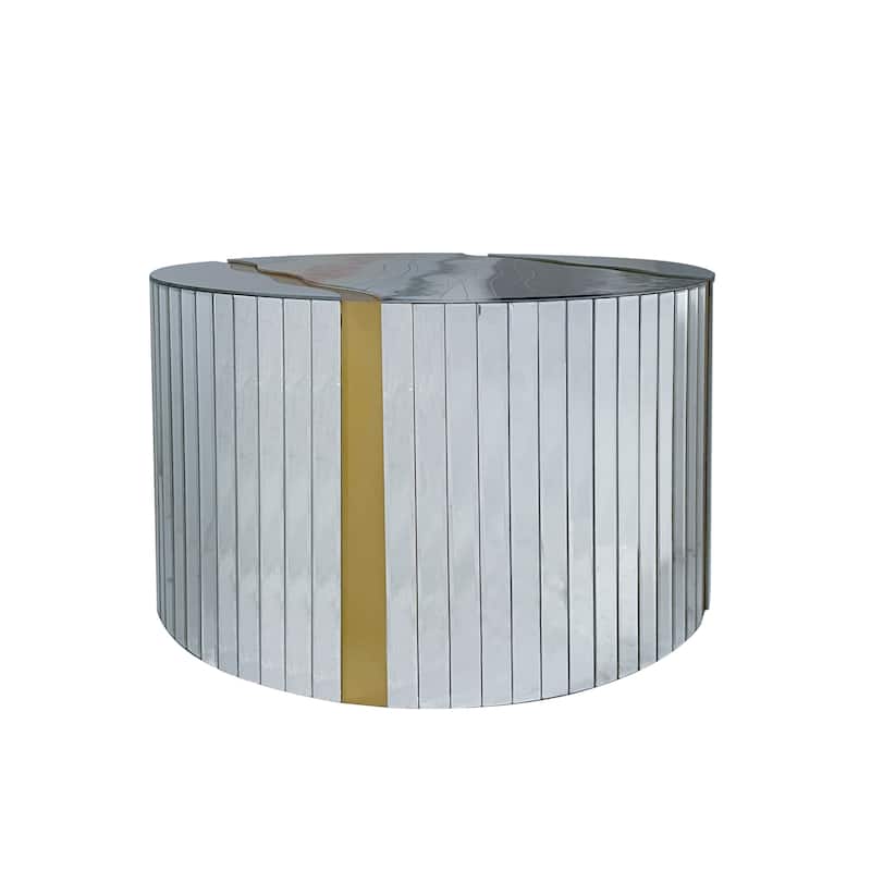Marble pattern sticker Round Coffee Table, Cylindrical Silver Mirror with Gold Dust Finish, Modern Home Decor Table