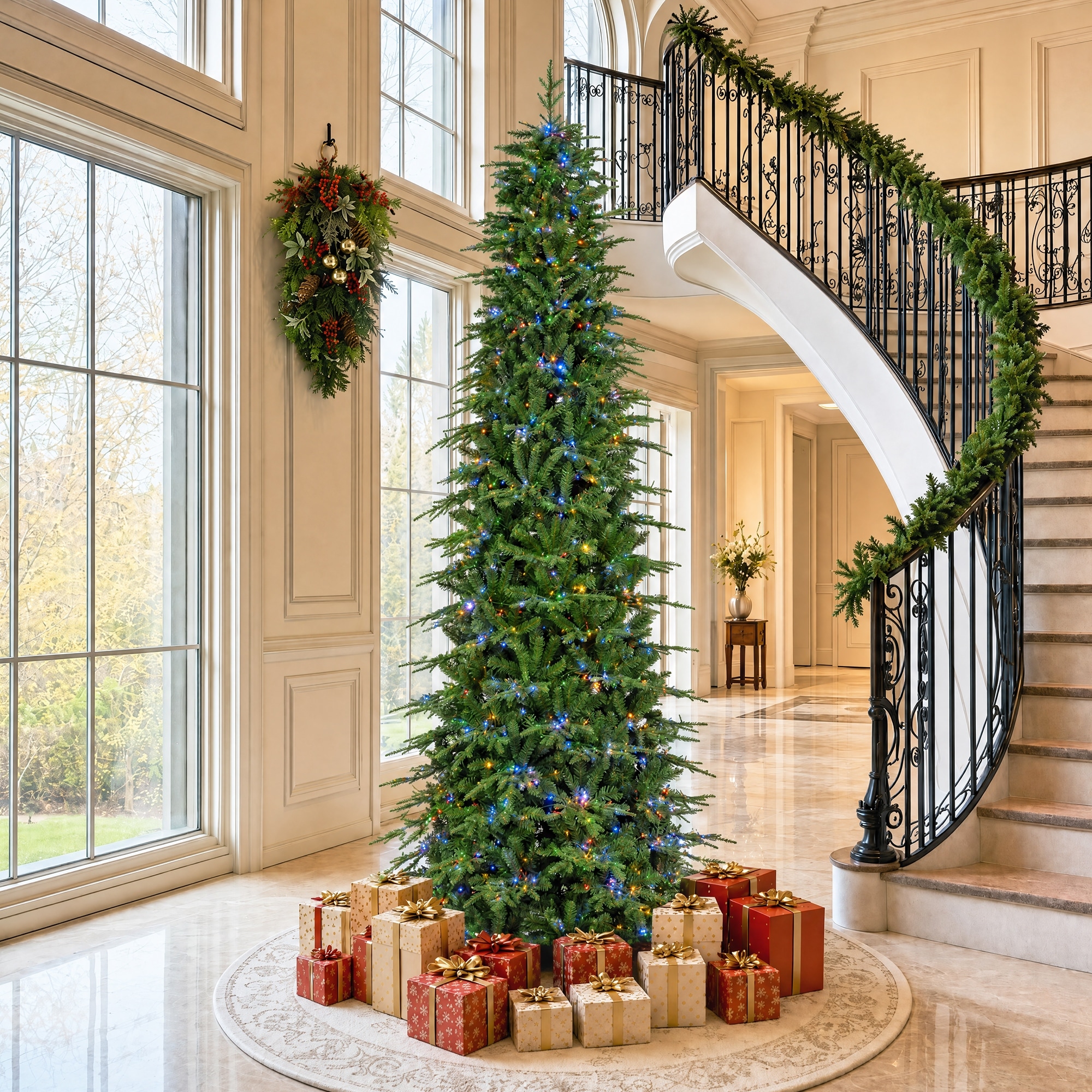Glitzhome 6ft-11ft Pre-Lit Green Slim Fir Artificial Christmas Tree with Warm White and Multi-Color Twinkling Lights