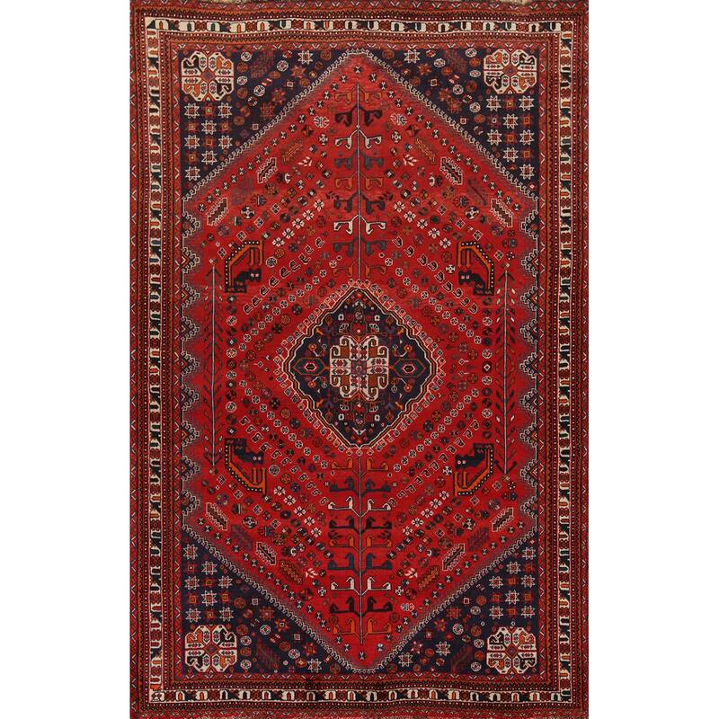 Hand Knotted Oriental 100% Wool Carpet Traditional Tribal Red Shiraz Area Rug - 9' 8'' X 6' 7''