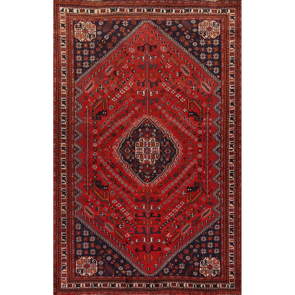 Hand Knotted Oriental 100% Wool Carpet Traditional Tribal Red Shiraz Area Rug - 9' 8'' X 6' 7''