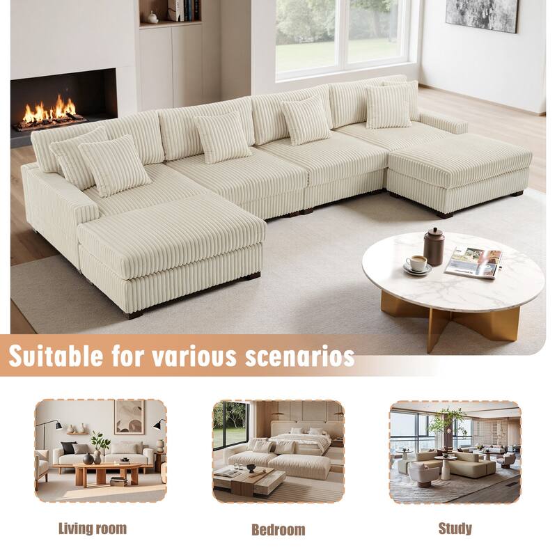 Modular Cotton Flannel Plush Sectional Sofa with Ottomans