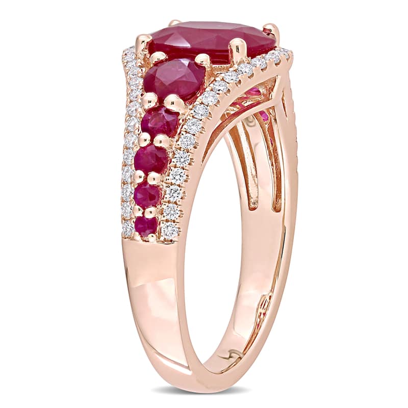 Miadora 14k Rose Gold Oval & Round-cut Ruby & 1/3ct TDW Diamond Graduated Halo Engagement Ring