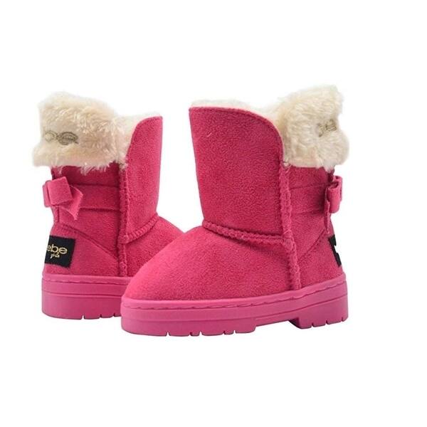 Bebe Toddler Girls Little Kid Mid Calf Easy Pull On Microsuede Winter Boots Embellished With Faux Fur Cuff And Back Bow Overstock