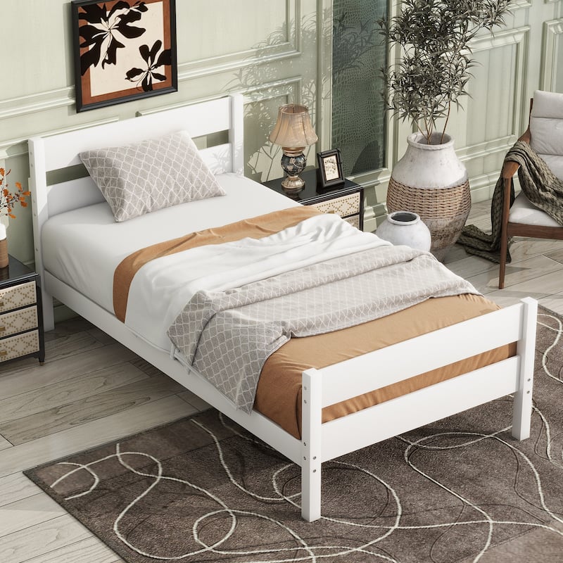 Roomfitters Twin Rubber Wood Bed Frame with Headboard and Footboard, Platform Support Design, No Box Spring Needed - White - Twin