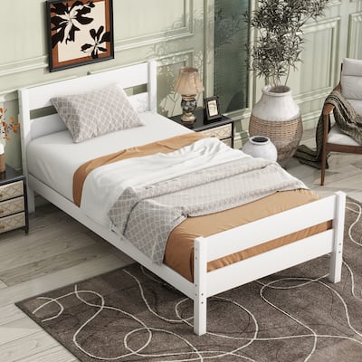 Twin Size Platform Bed with Headboard & Footboard, Rubber Wood Bed, White
