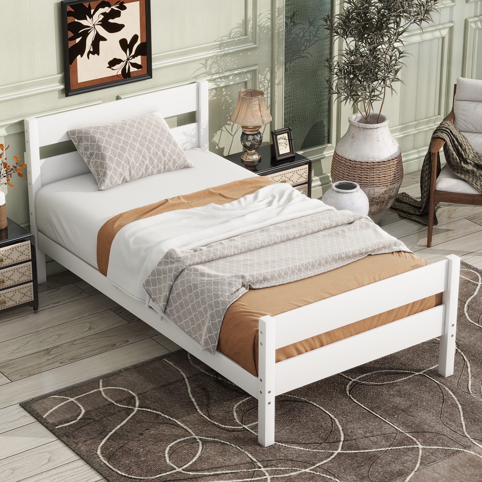 Twin Size Platform Bed with Headboard & Footboard, Rubber Wood Bed, White