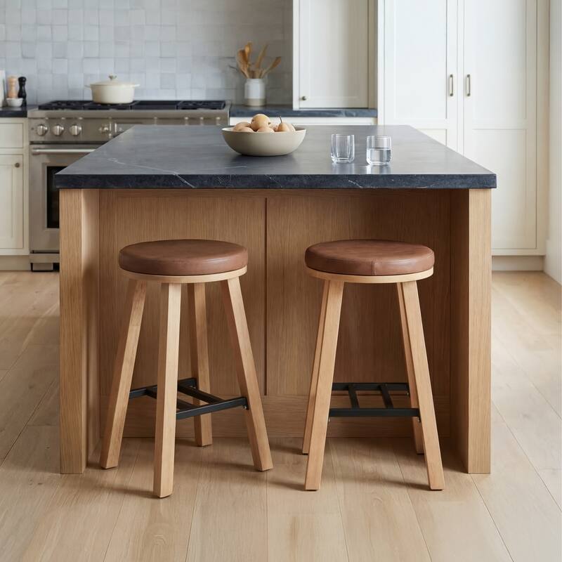 Bower Home Upholstered Round Wood Backless Barstools - Set of 2