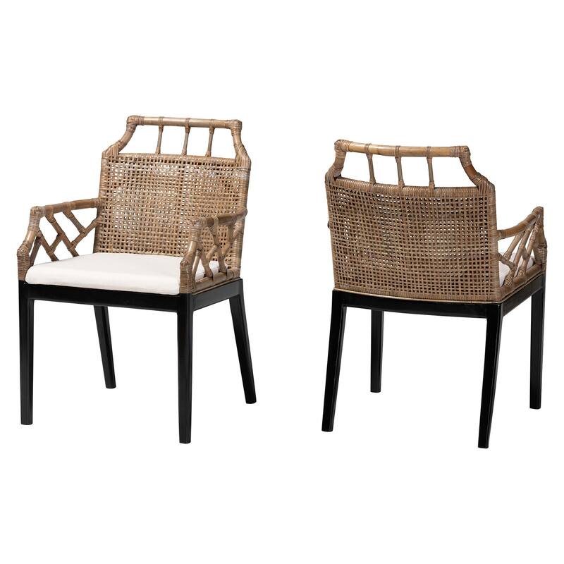 Abiel Natural Rattan Dining Armchair with Cushion - Handwoven Wicker Chair with Mahogany Wood Frame, Coastal Boho Seating - Greywash/Black