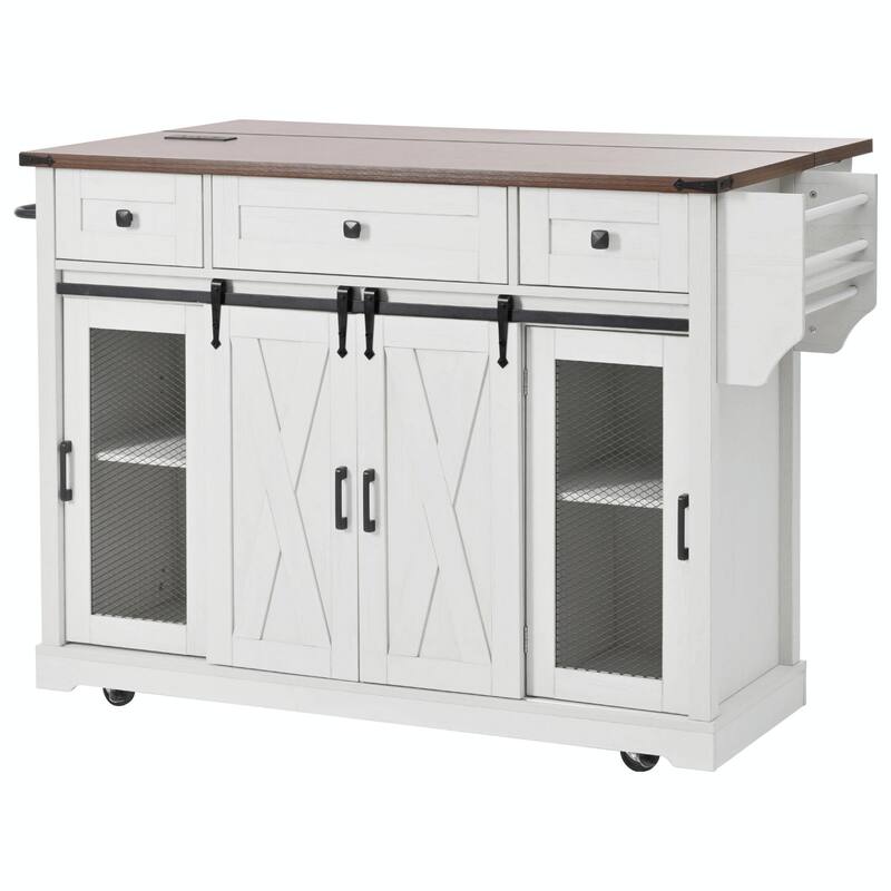 58-inch Farmhouse Kitchen Island with Storage, Sliding Barn Door & Metal Grid Side Door