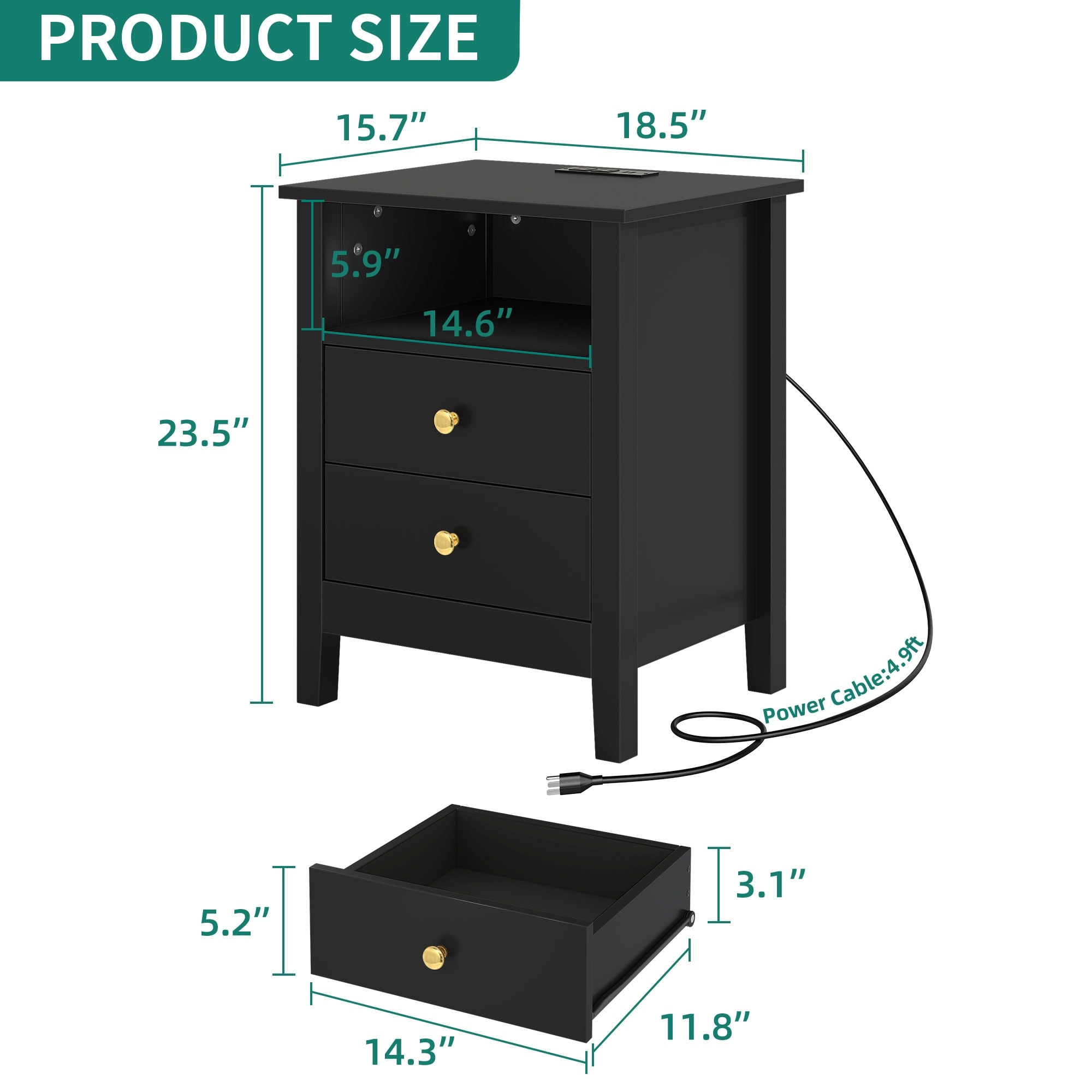 JARHETUN Nightstand Set Of 2 With Charging Station - 3-Tier Bedside Tables With Fabric Drawers, Black - View #4