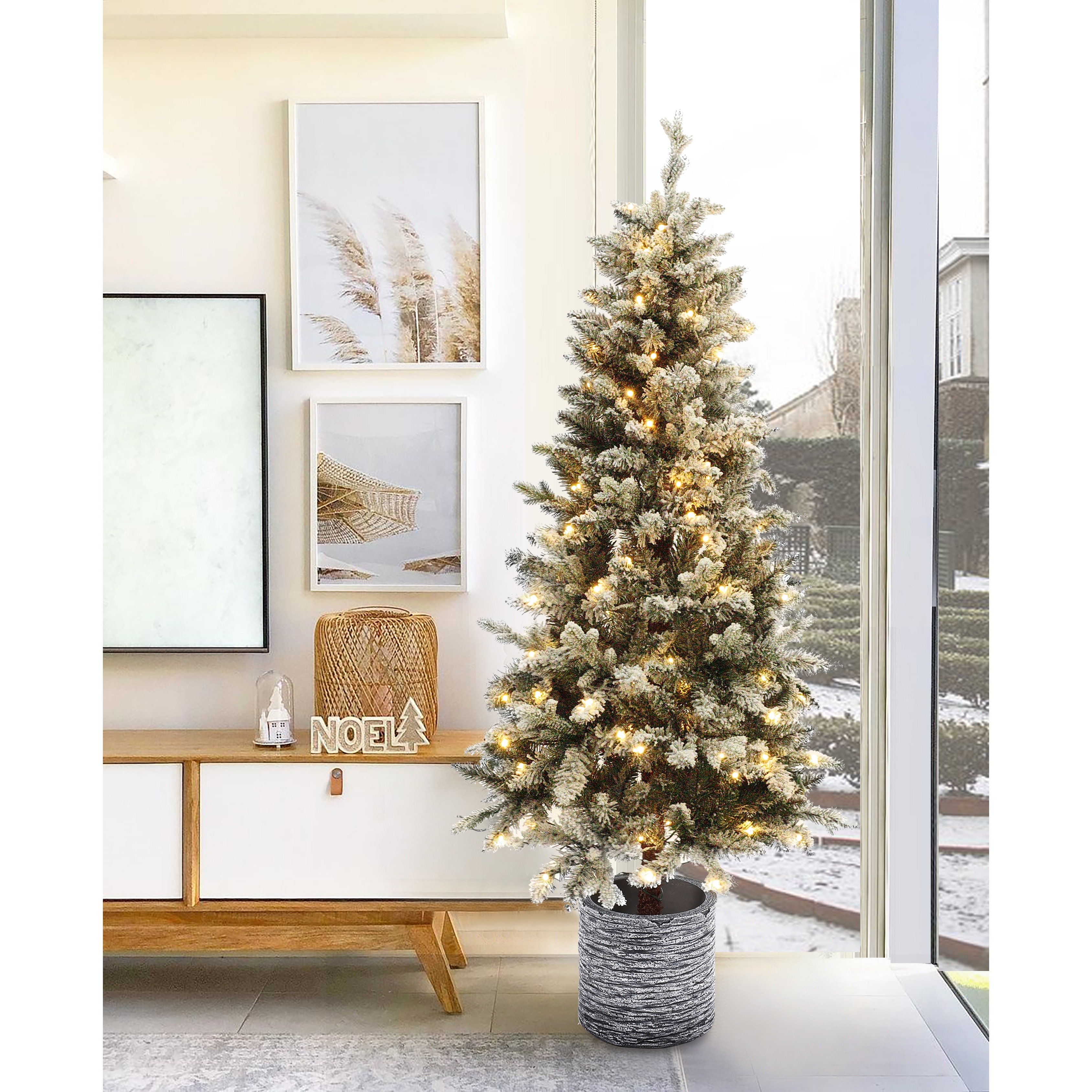 5.6Ft Pre-Lit LED Artificial Slim Fir Christmas Tree with Pot - 66.93" H x 27.56" Diameter
