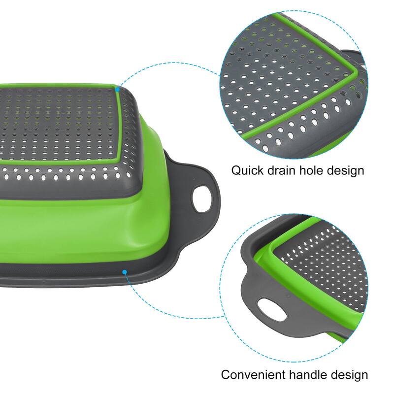 Collapsible Colander 2 Size Silicone Square Strainer - blue green - 29cm x 22cm x 9cm