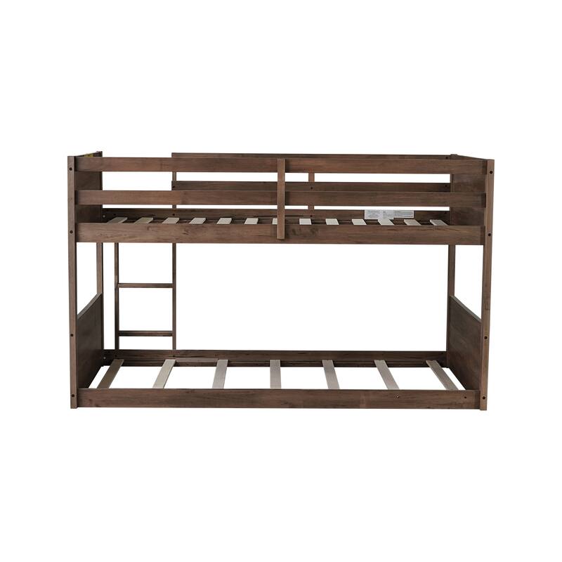 Roomfitters Twin over Twin Floor Bunk Bed with Panel Headboard and Footboard, Solid Rubber Wood Frame, Ladder