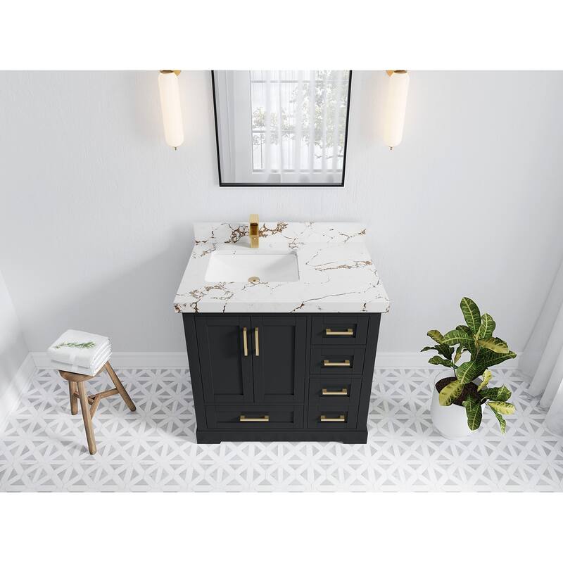 Willow Collections 36 x 22 Boston Left Offset Sink Bathroom Vanity with Quartz or Marble Countertop