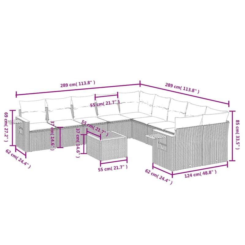 vidaXL Patio Sofa Set with Cushions Outdoor Conversation Furniture Poly Rattan - 24.4 x 33.5 x 27.2 in