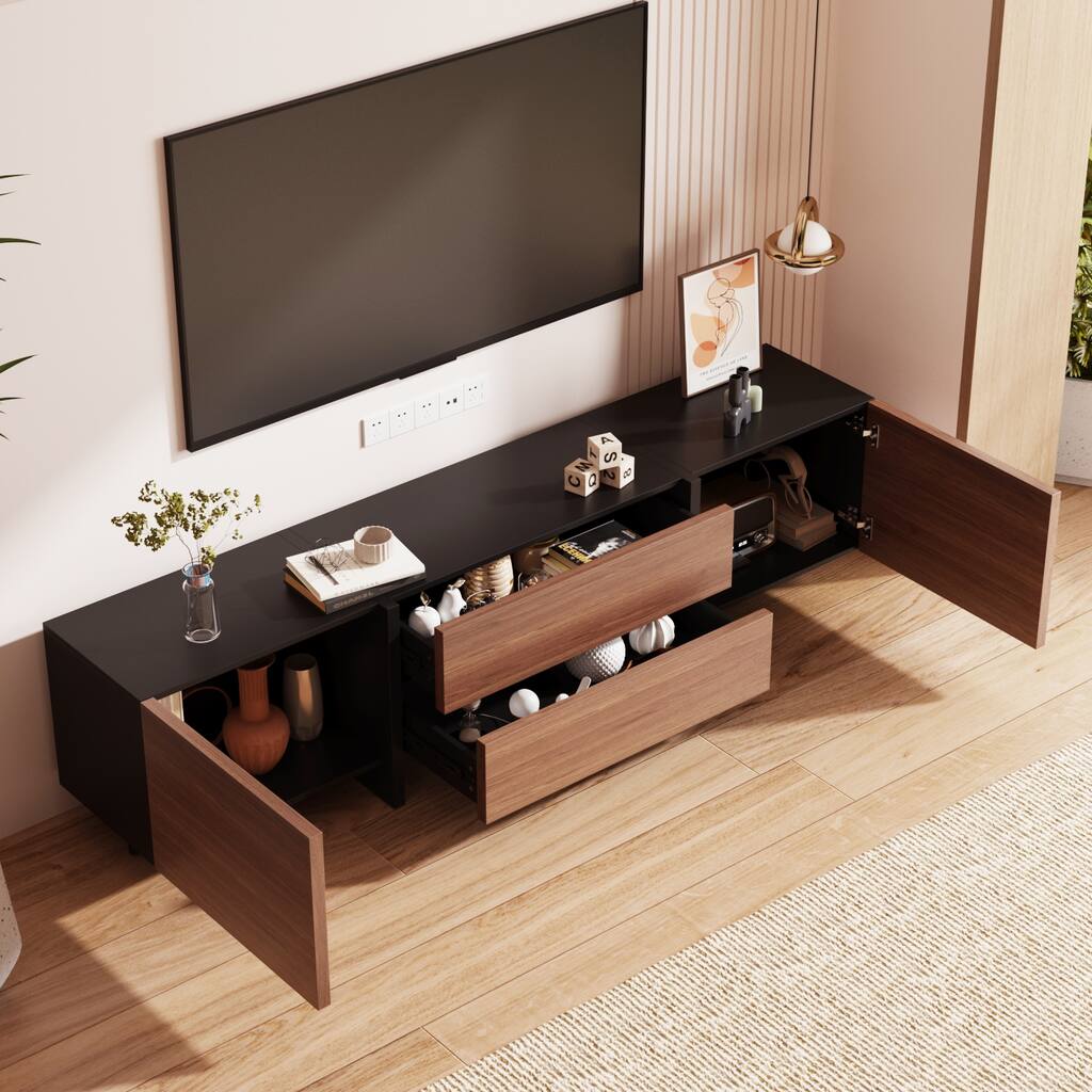 Black Back Entertainment Center,TV Cabinet with Wood-grain Door Drawer - 78.7"W