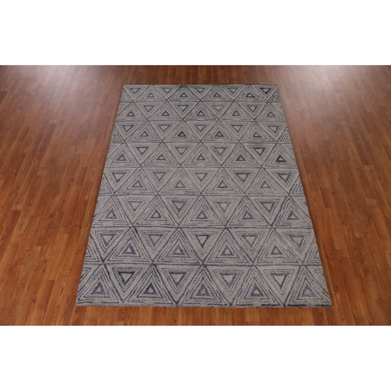 Geometric Grey Modern Indian Area Rug Hand-Tufted Wool Carpet - 5'3" x 7'7"