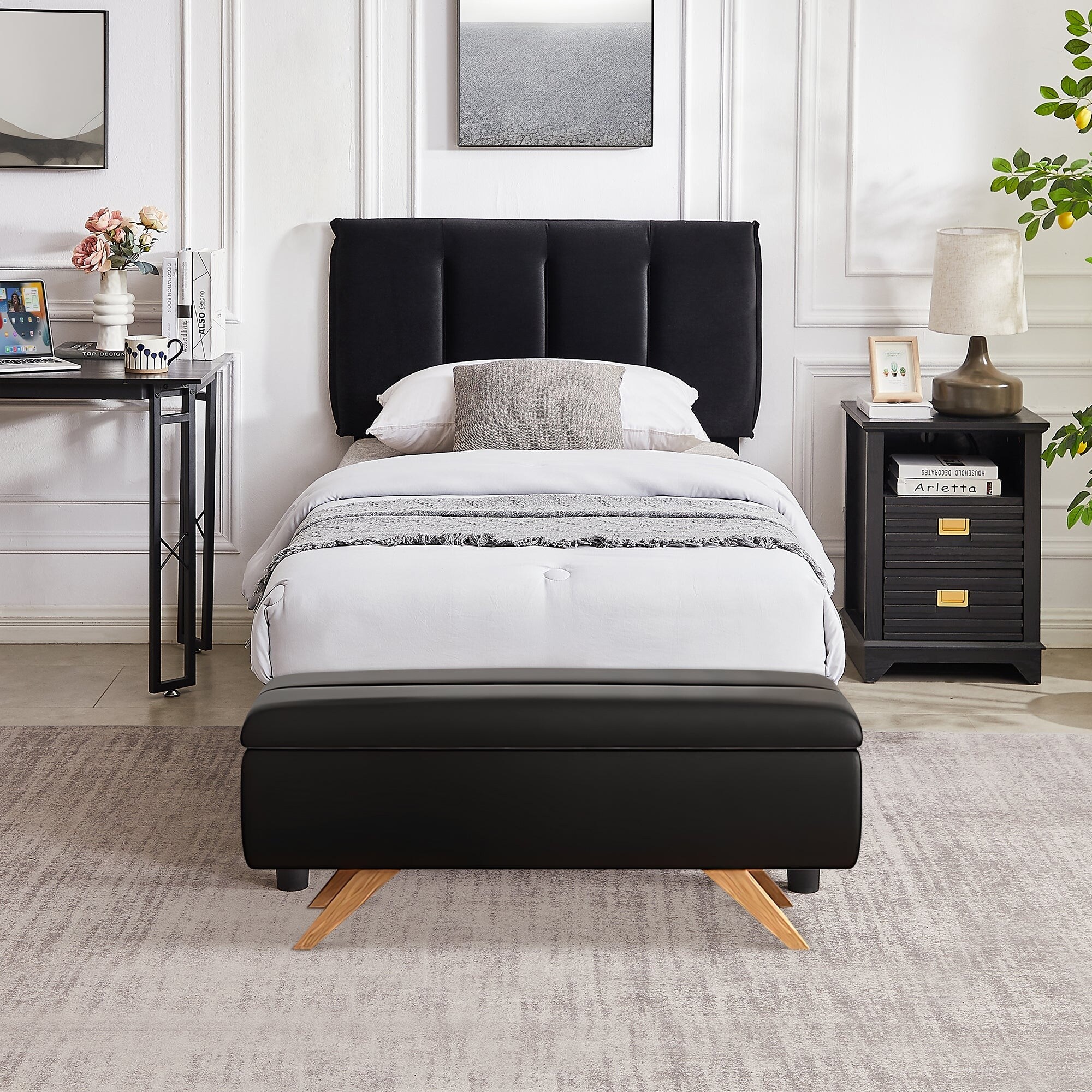 VECELO Platform Bedroom Set, Upholstered Bed Frame with Ottoman Storage, Black Storage Ottoman