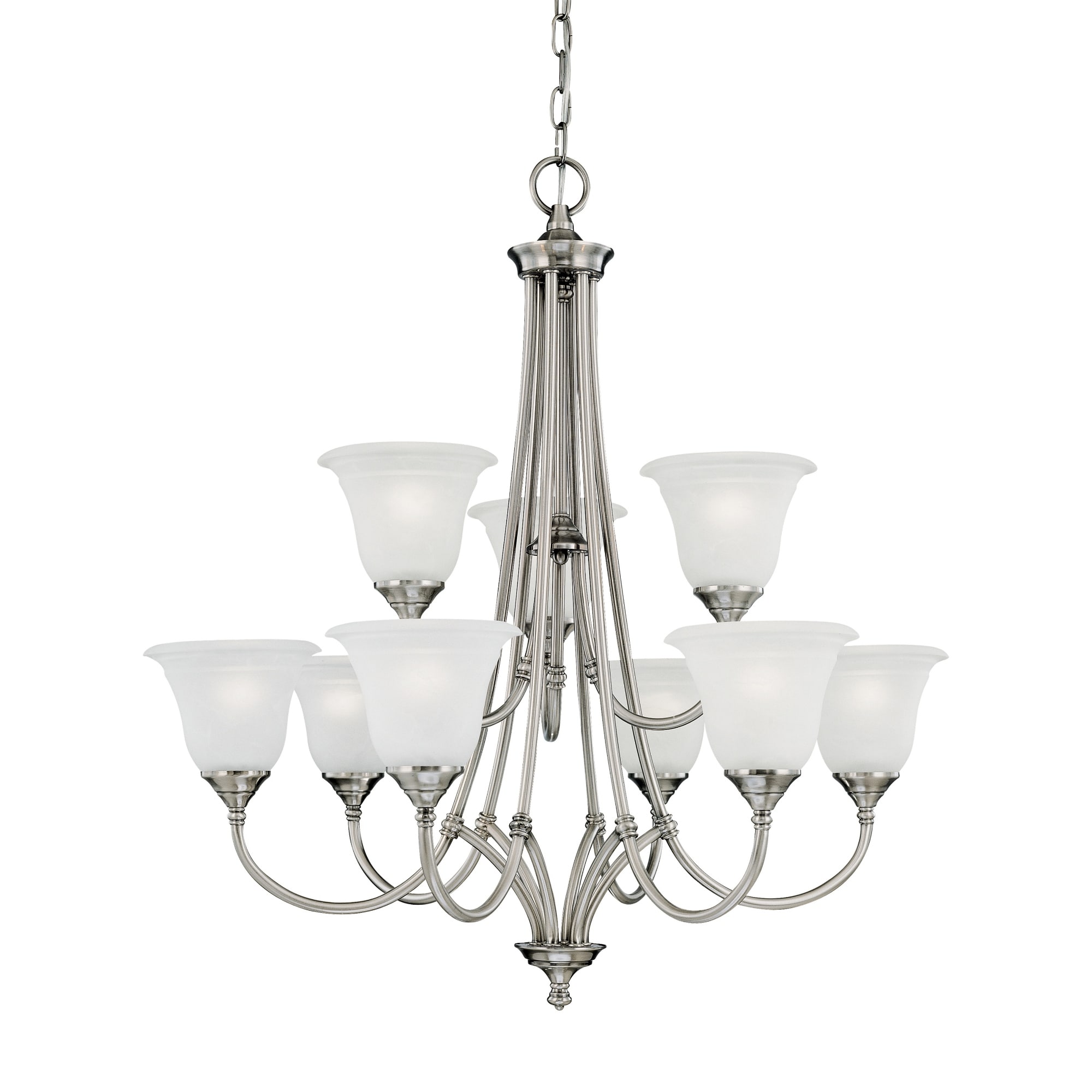 9-Light Ceiling Chandelier with Frosted Glass Shades - 32" - Satin Pewter